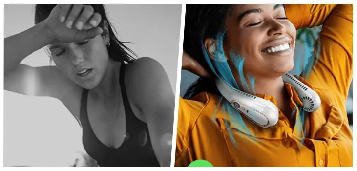 collage of a girl suffering in heat and a girl happy with NeckBreeze